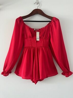 Francesca's Collections Red Long-Sleeve Peplum Romper